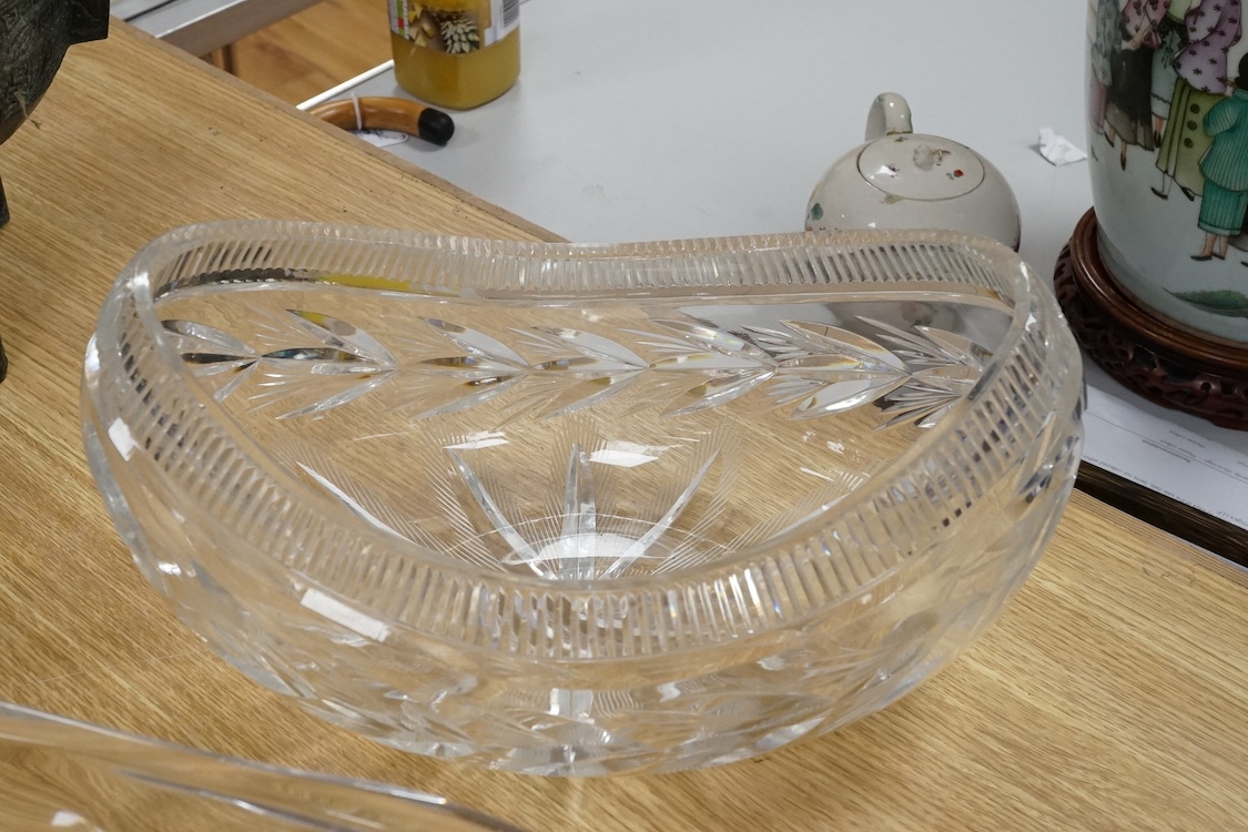 A 1950’s-60’s free form glass vase and a heavy cut glass navette shaped bowl, free form vase 62cm wide